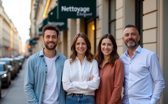 Équipe Nettoyage Élégant souriante devant l'entrée de leur bureau parisien