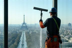 Technicien lavant des vitrages panoramiques avec vue sur Paris